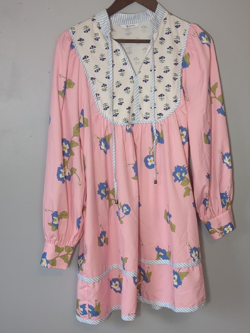 Wenrine Boho Patchwork Floral Mini Dress Pink Long Sleeve & Pockets Size M